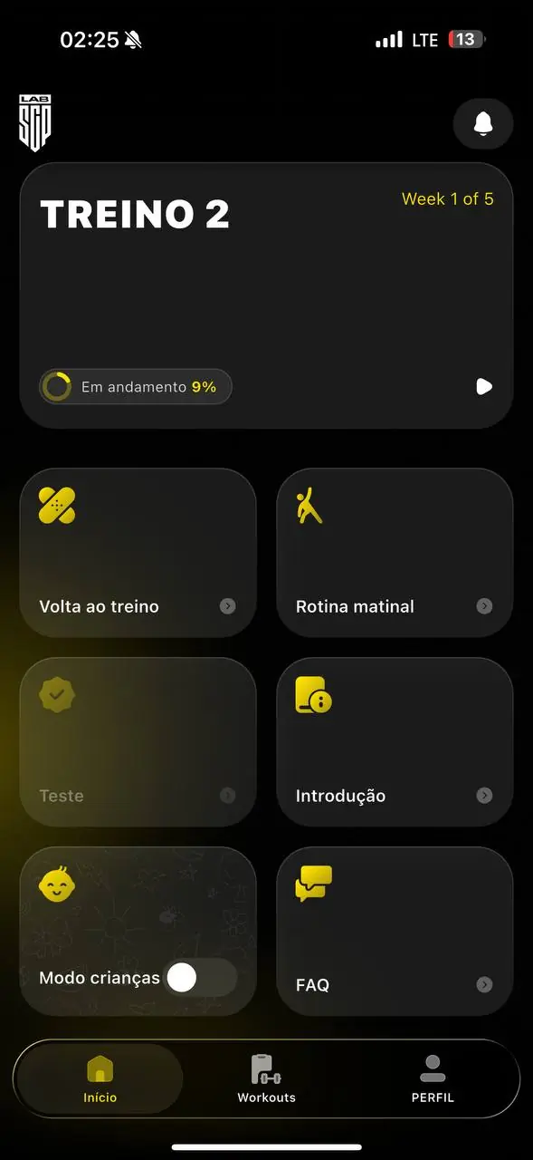 Tela inicial: treino do dia e modo infantil