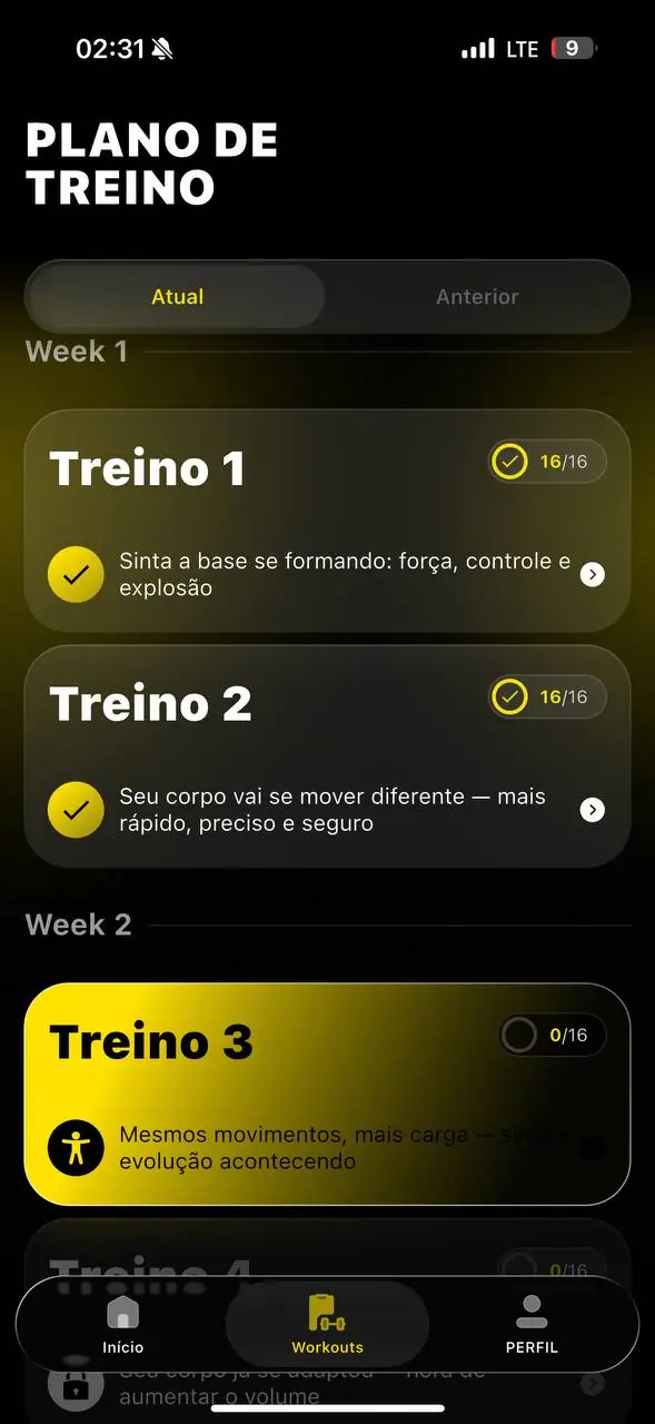 Progresso salvo: treinos concluídos da semana